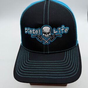 Diesel Life Trucker Hat Black Turquoise Skull Fuel Adjustable Cap